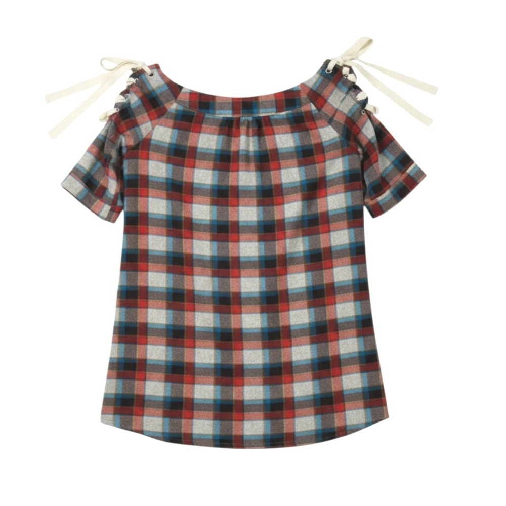 HAYDEN Los Angeles Red/Multi PLAID FLANNEL Ties @ Shoulders TUNIC TOP sz L